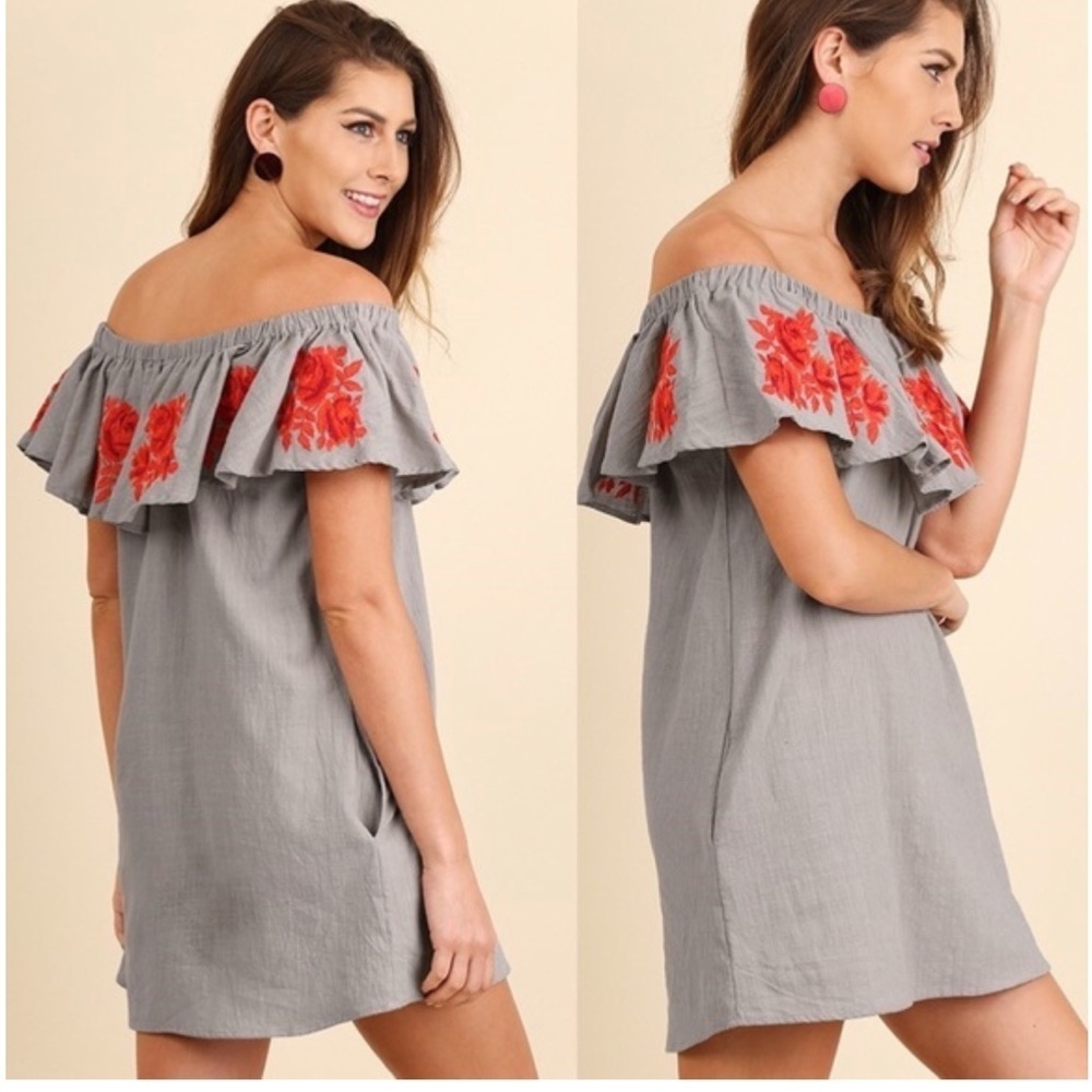 Umgee Gray Off Shoulder Boho Embroidered Ruffle Mini Dress. Pockets. Sz S